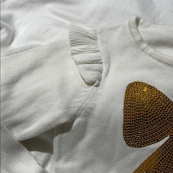 Gymboree 4 cream gold bow sequin sweater NWT preppy cotton ruffled shoulder - Picture 3 of 8